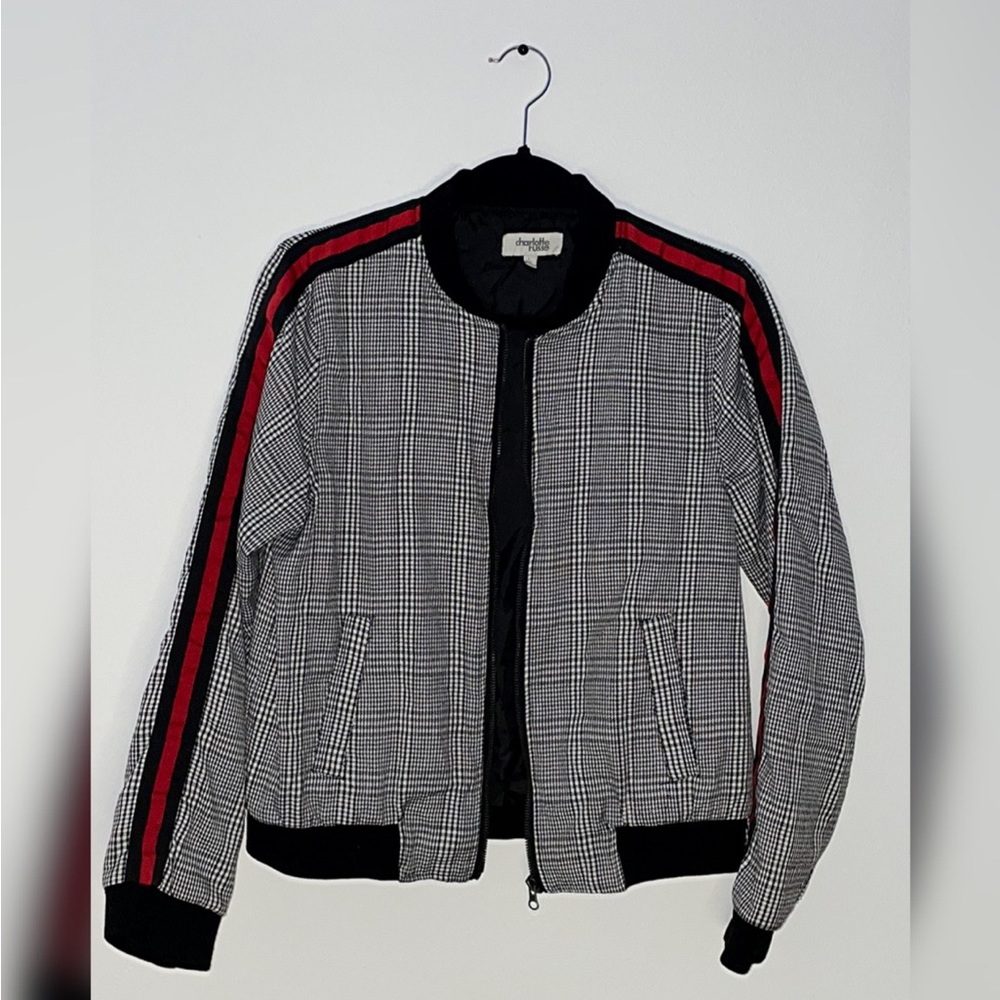 Black & White Plaid Women’s Jacket With Zipper and Red Stripe On Sleeves